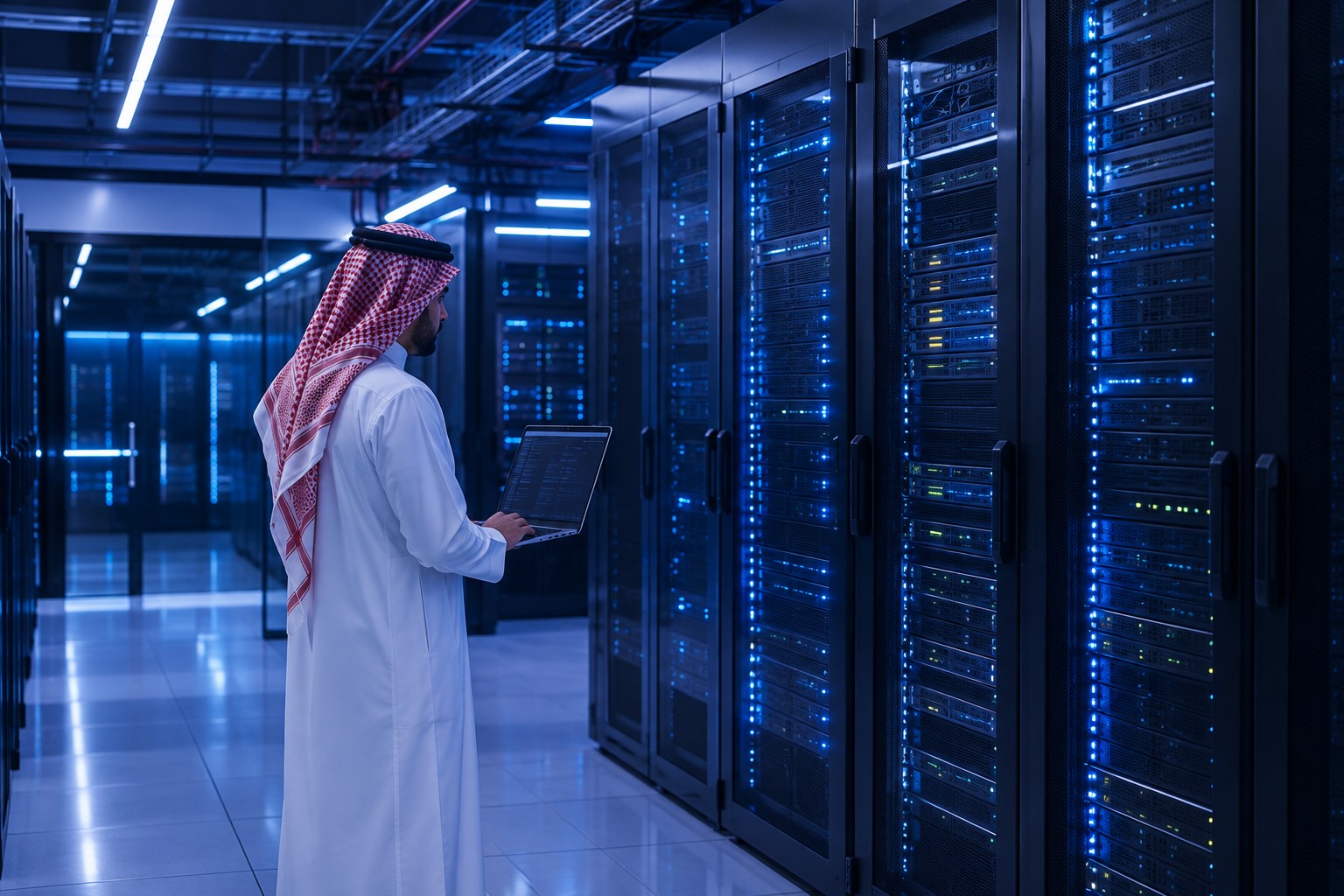مهندس داخل مركز بيانات يستضيف مُنسِّق في المملكة