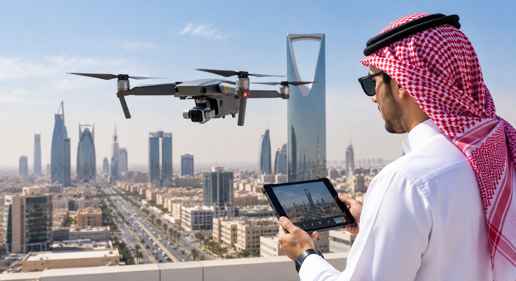 Saudi drone pilot flying a survey drone over the Riyadh skyline